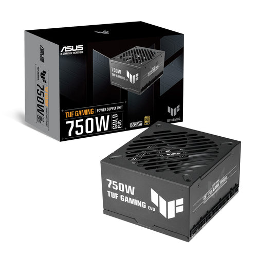 ASUS TUF Gaming 750W Gold EVO – produkt og emballage med 750W Gold EVO-mærkning