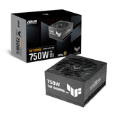 ASUS TUF Gaming 750W Gold EVO – produkt og emballage med 750W Gold EVO-mærkning