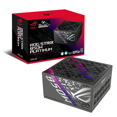 ASUS ROG Strix 850W Platinum – strømforsyning og emballage fra modsat vinkel
