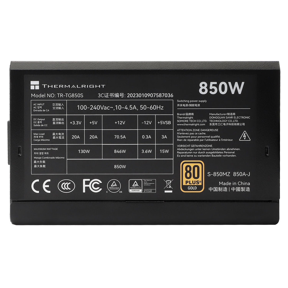 Thermalright TR-TG 850S Svart - PSU, 80+ Guld, 850W, Icke-modulär