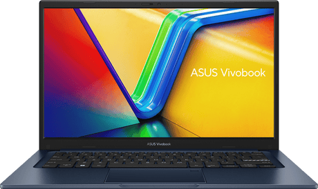 ASUS Vivobook 14 F1404VA-EB055W i Quiet Blue, set forfra med åben skærm. Tastaturillustrationen kan afvige fra det nordiske leveringslayout.