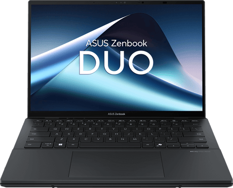 ASUS UX8406CA-QL314X i Inkwell Gray, åben Zenbook Duo med tastaturet på den nederste skærm