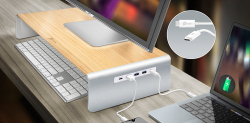 j5create JCT425-N – skærmstativ i træ med USB-C-dock – Tilslutning til computer som eksempel