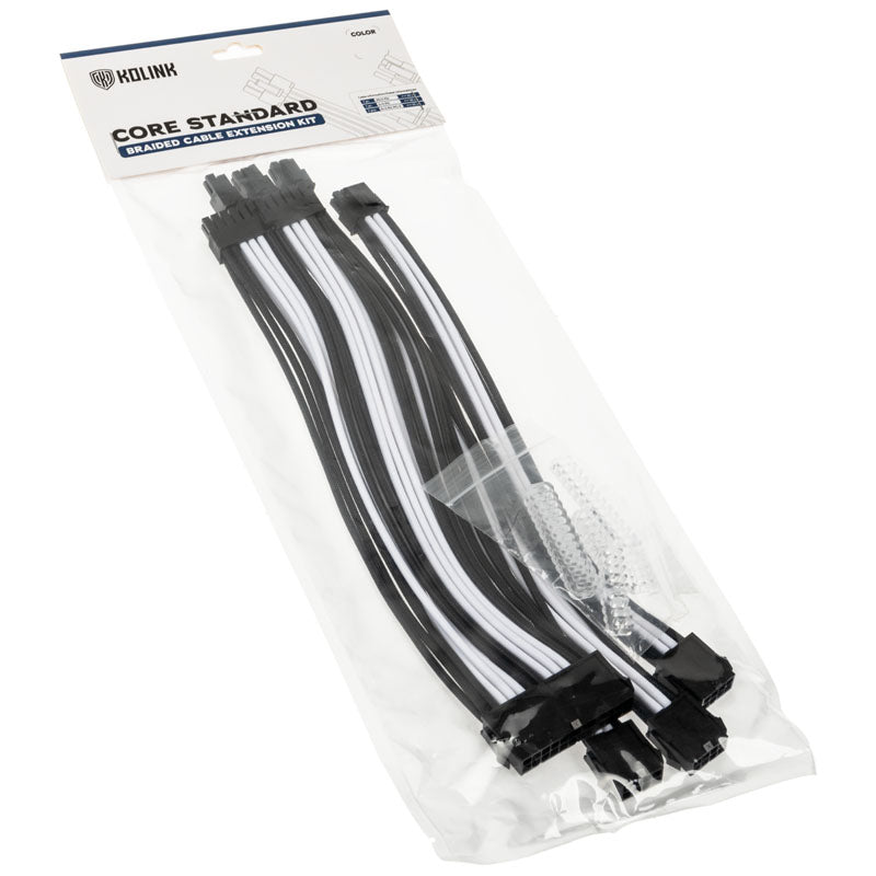 Kolink Core Standard Flätad Kabelförlängningssats - Jet Black/Brilliant White - 2x 6+2pin, 1x 4+4pin, 1x 20-4pin