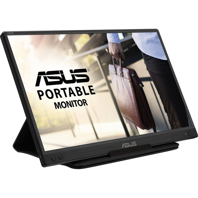 ASUS ZenScreen MB166C – skråt forfra med foldet hylster som støtte