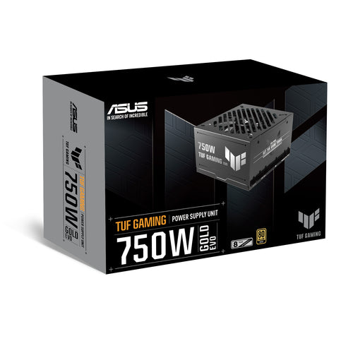 ASUS TUF Gaming 750W Gold EVO – produktemballage med 750W Gold EVO-mærkning