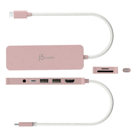 j5create JCD373ER – USB-C multiport-hub – Rose – Illustration af sider og porte