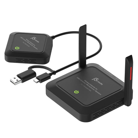 j5create JVW120-N trådløs USB-forlænger – vist skråt med USB-stik og antenner