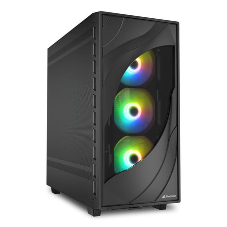Sort Sharkoon Rebel C80M RGB kabinet med perforeret front og tre oplyste frontblæsere