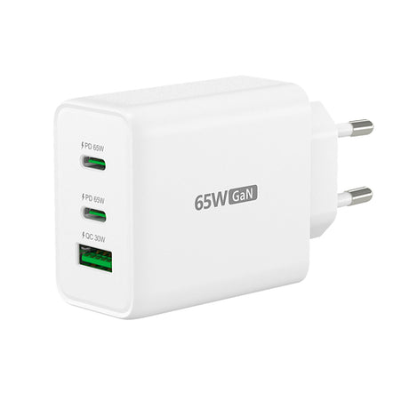 j5create 65 W GaN-oplader – 2×USB-C og USB-A – EU – Front og side