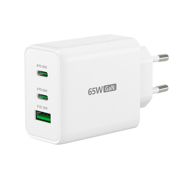 j5create 65 W GaN-oplader – 2×USB-C og USB-A – EU – Oplader med tre USB-porte