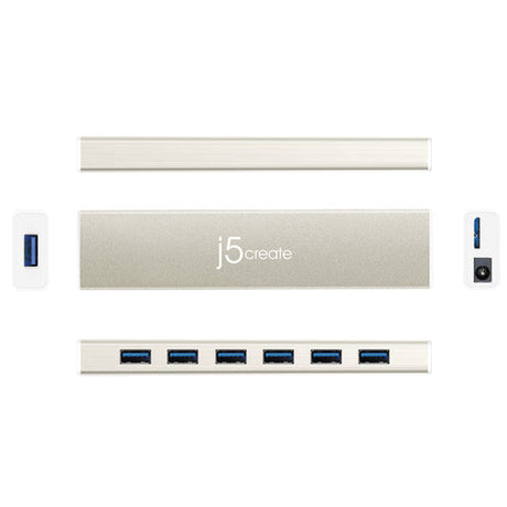 j5create JCH377 – USB-C-hub med 7 USB-A-porte – EU/UK – Oversigt over sider og porte