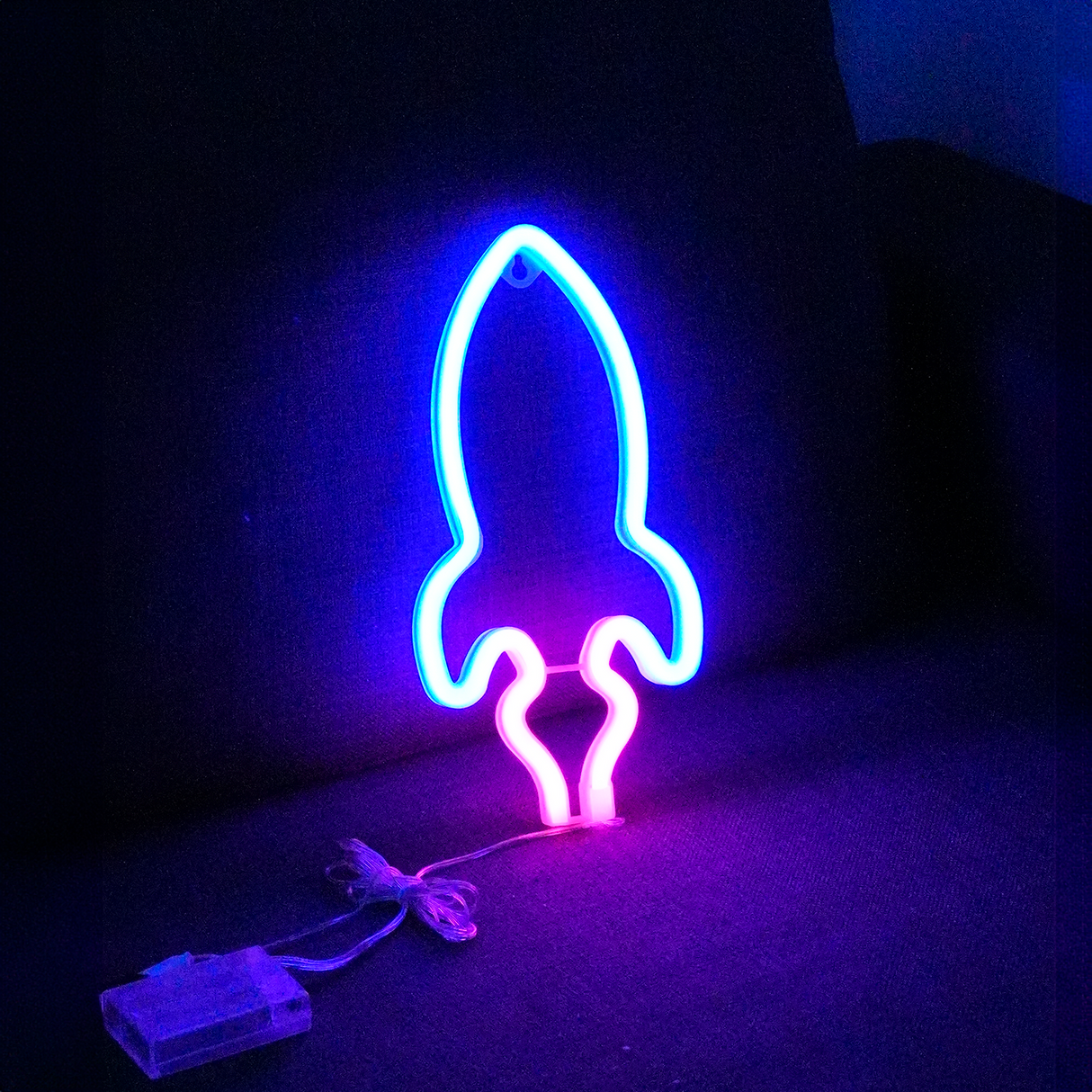 Rymdraket Neon Led Lampa Blå Rosa