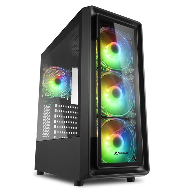 Sort Sharkoon TK4 RGB med glasfront og fire belyste blæsere