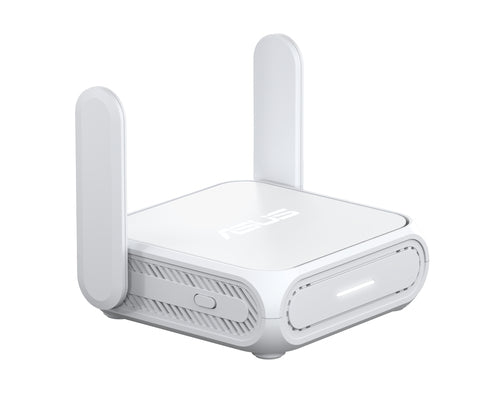 Hvid ASUS RT-BE58 Go rejserouter – set fra siden med antenner