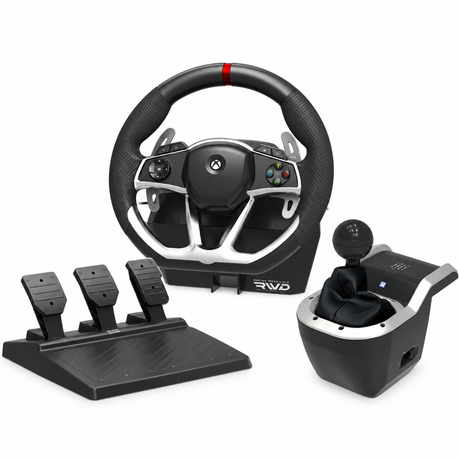 HORI Force Feedback Racing Wheel DLX + 7-Speed Racing Shifter pakke til Xbox Series X|S og Xbox One – kun rat, pedaler og gearskifter på hvid baggrund