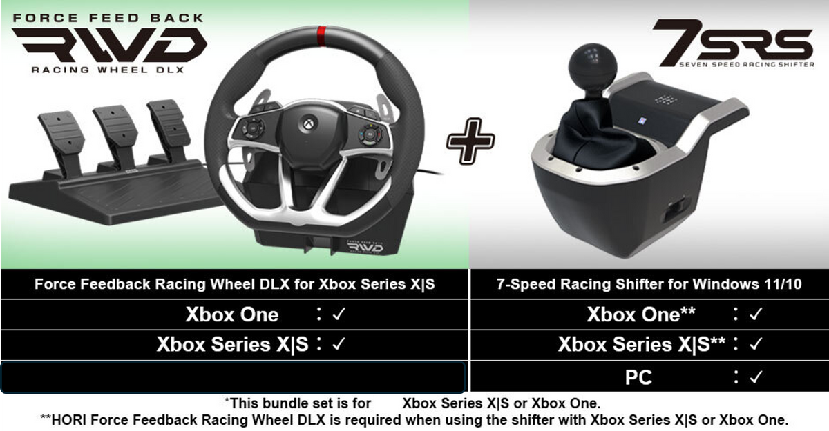 HORI - Force Feedback Racing Wheel DLX   + 7-Speed Racing Shifter Bundle For Xbox Series X - S, Xbox One HORI