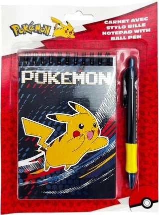 Pokémon spiralnotesbog og kuglepen med Pikachu-motiv i emballage