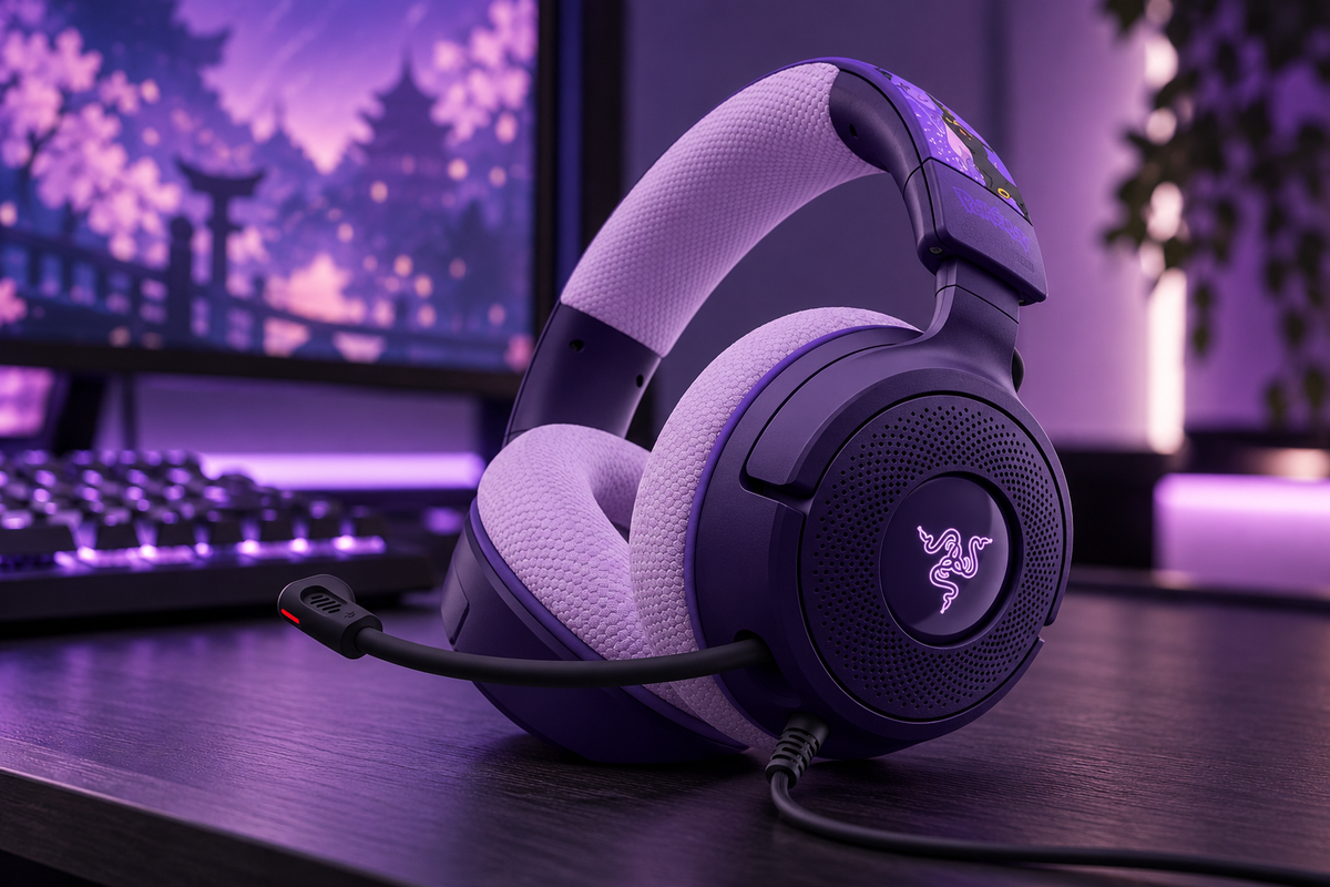Razer Kraken V4 X Espeon & Umbreon i et gaming-setup – stemningsillustration