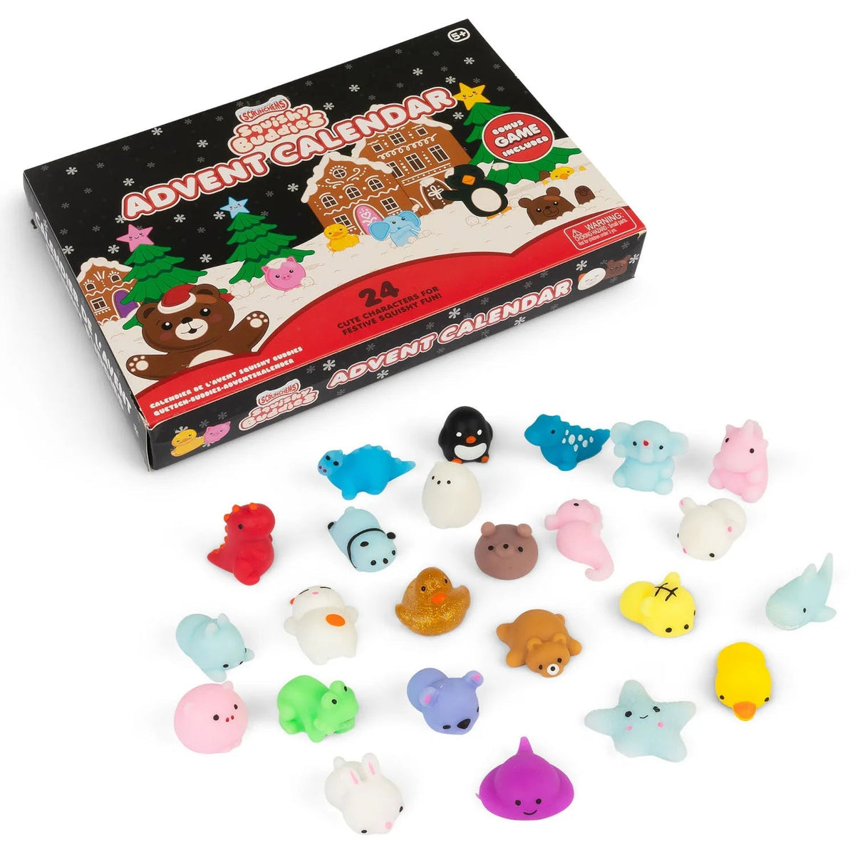 Scrunchems Squishy Buddies-julekalender med julemotiv og 24 farverige squishy-figurer