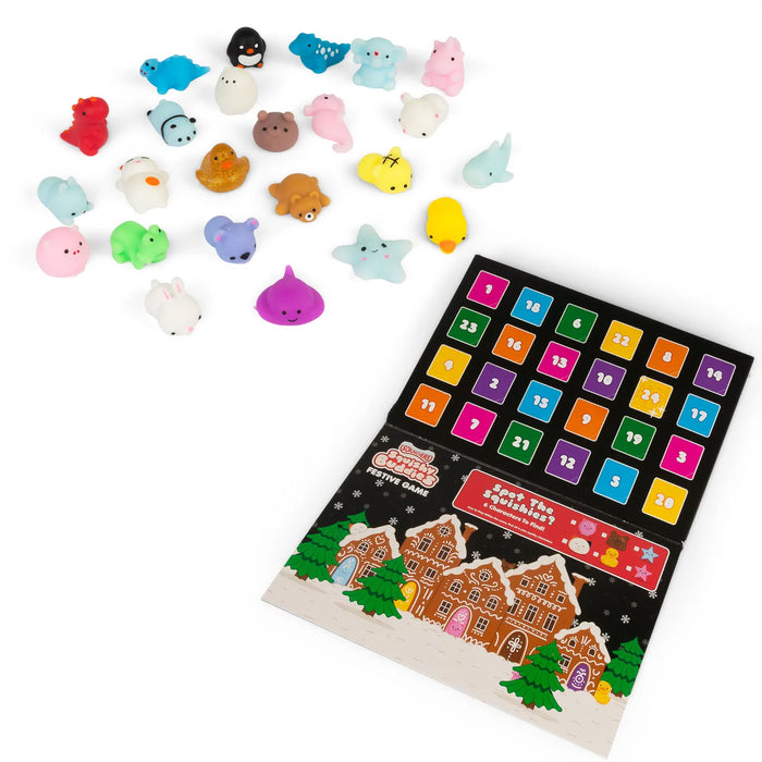 Åben Scrunchems Squishy Buddies-julekalender med 24 nummererede låger og bløde figurer