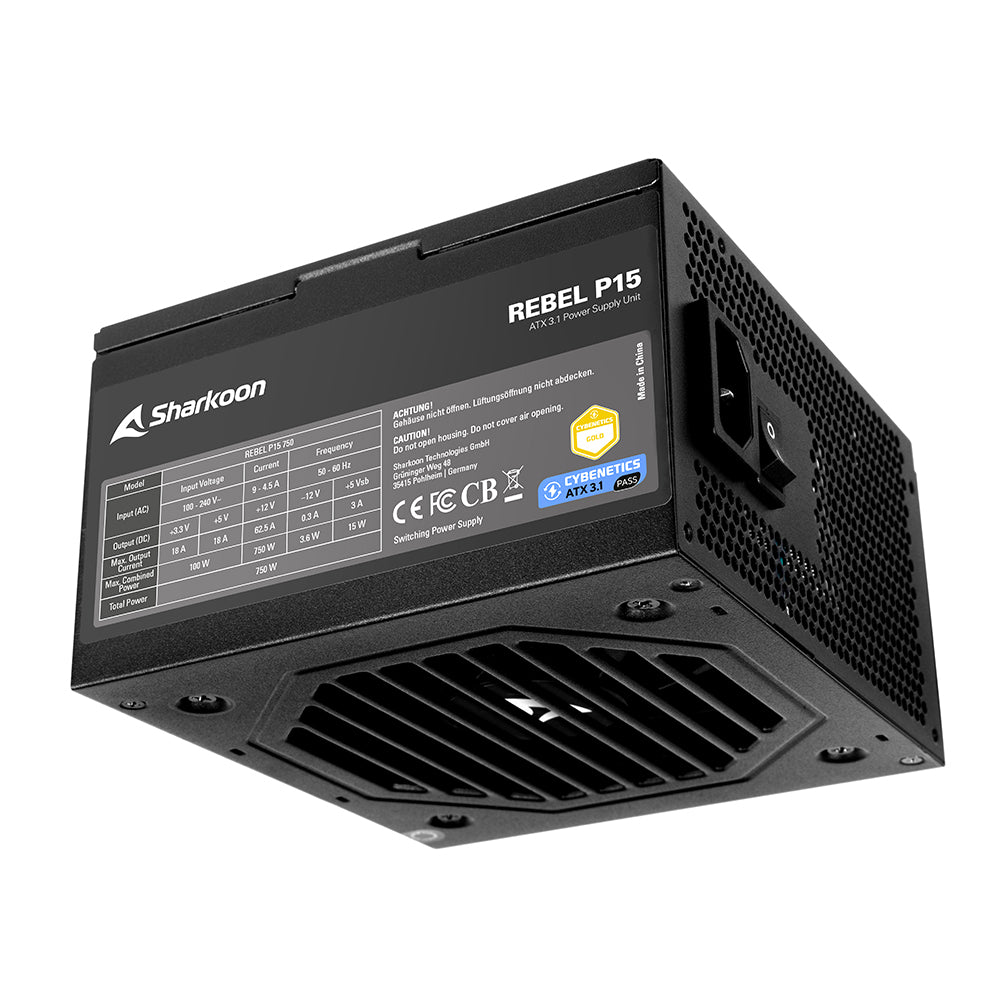 Sharkoon Rebel P15 750W strømforsyning – sort, produktets mærkeplade og blæser