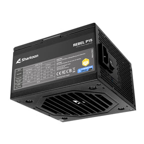 Sharkoon Rebel P15 750W strømforsyning – sort, produktets mærkeplade og blæser