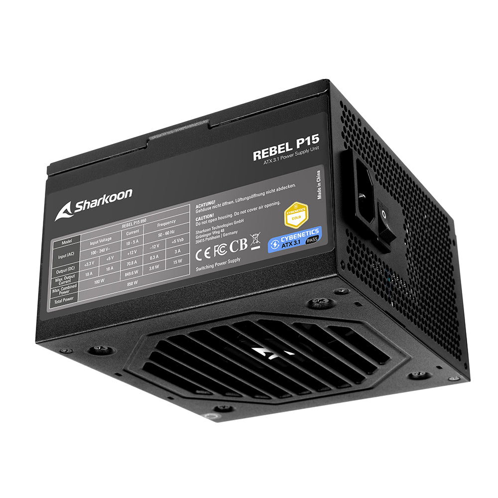 Sharkoon Rebel P15 850W strømforsyning – sort, produktets mærkeplade og blæser