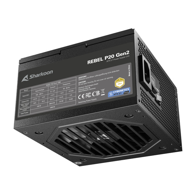 Sharkoon Rebel P20 Gen2 1000W – sort strømforsyning med mærkeplade og blæser