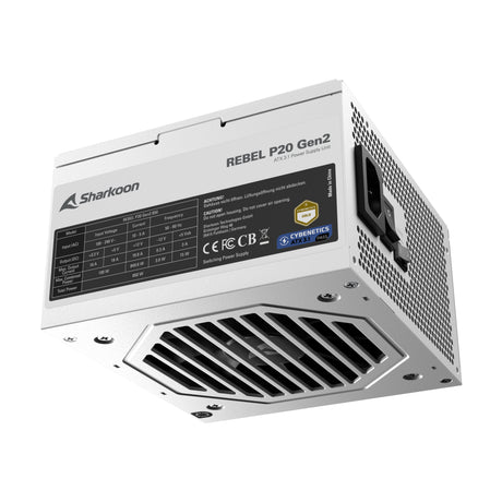 Sharkoon Rebel P20 Gen2 850W – hvid strømforsyning med mærkeplade og blæser