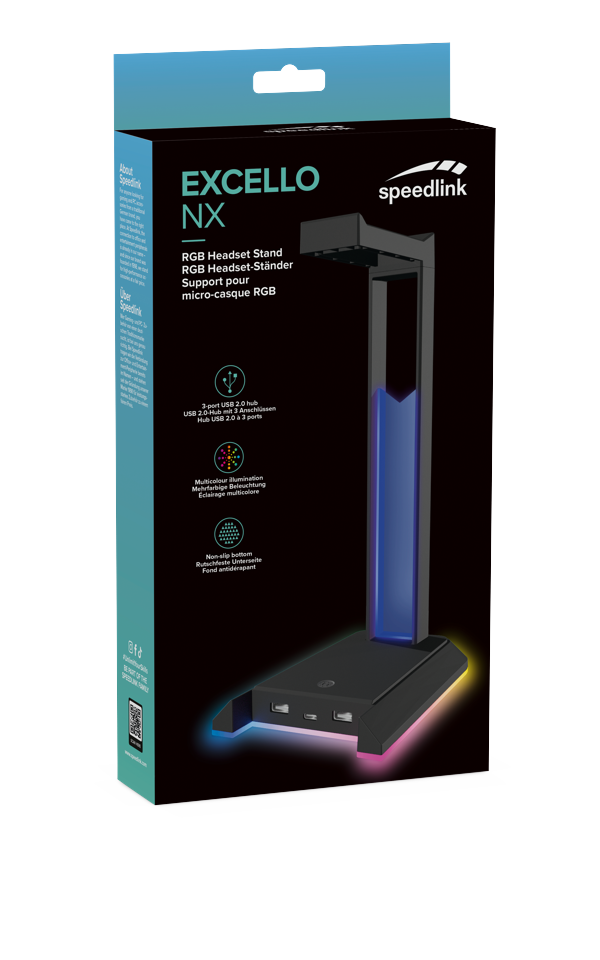Speedlink - EXCELLO upplyst headsetstativ, 3-portars USB 2.0-hubb, integrerat ljudkort, svart
