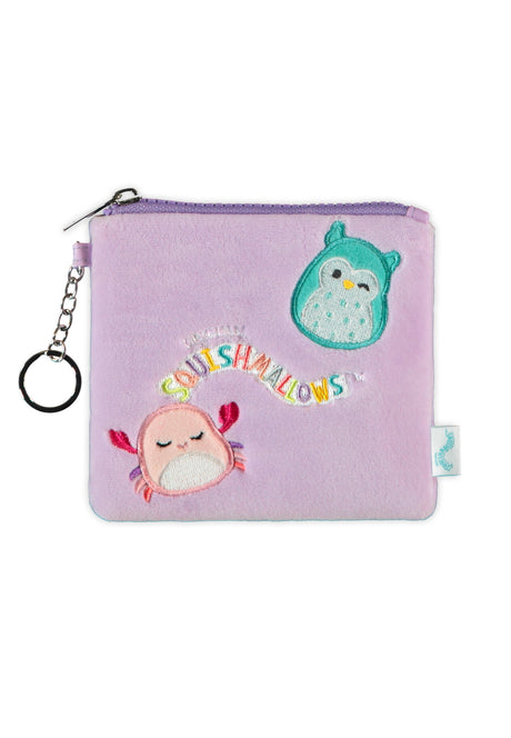 Lilla Squishmallows-pung med figurmotiver, lynlås og nøglering