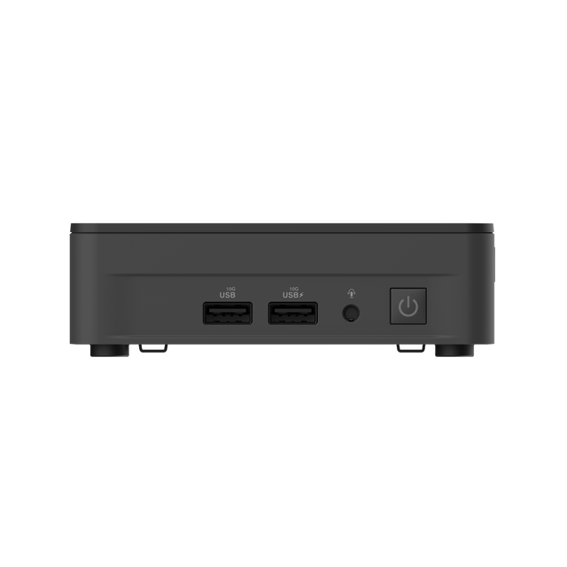 ASUS NUC 13 Pro Slim i sort set forfra med to USB-A-porte og headsetstik