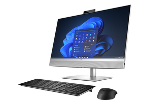 HP EliteOne 870 G9 AiO – 27", Core i9-14900, 64 GB, 1 TB – producentillustration af alt-i-en-PC med tastatur og mus