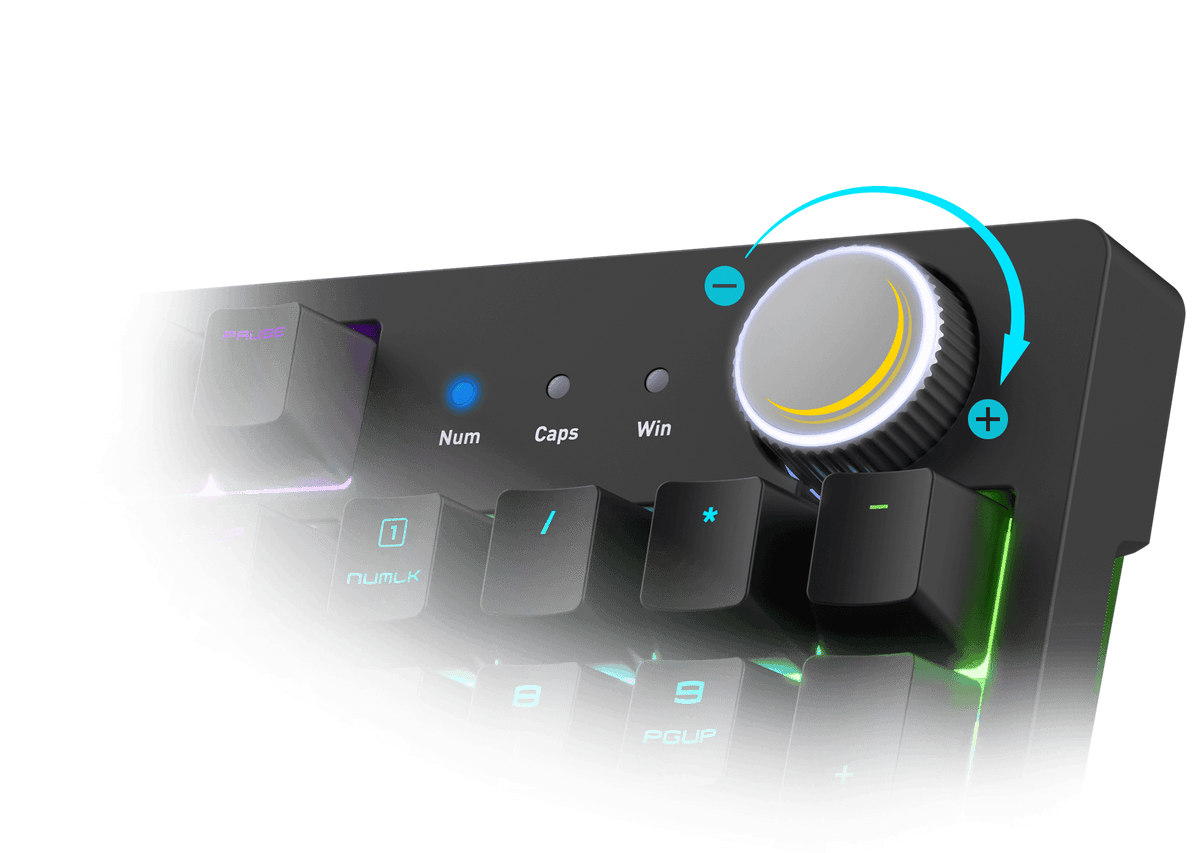 MSI FORGE GK320 RED – nærbillede af lydstyrkehjul og statuslys