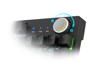 MSI FORGE GK320 RED – nærbillede af lydstyrkehjul og statuslys