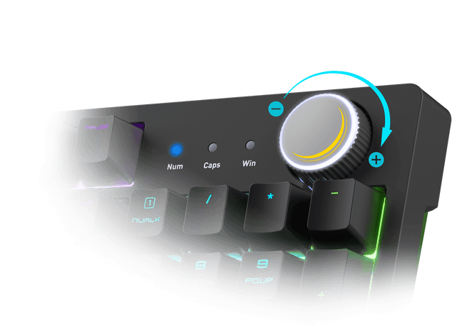 MSI FORGE GK320 RED – nærbillede af lydstyrkehjul og statuslys