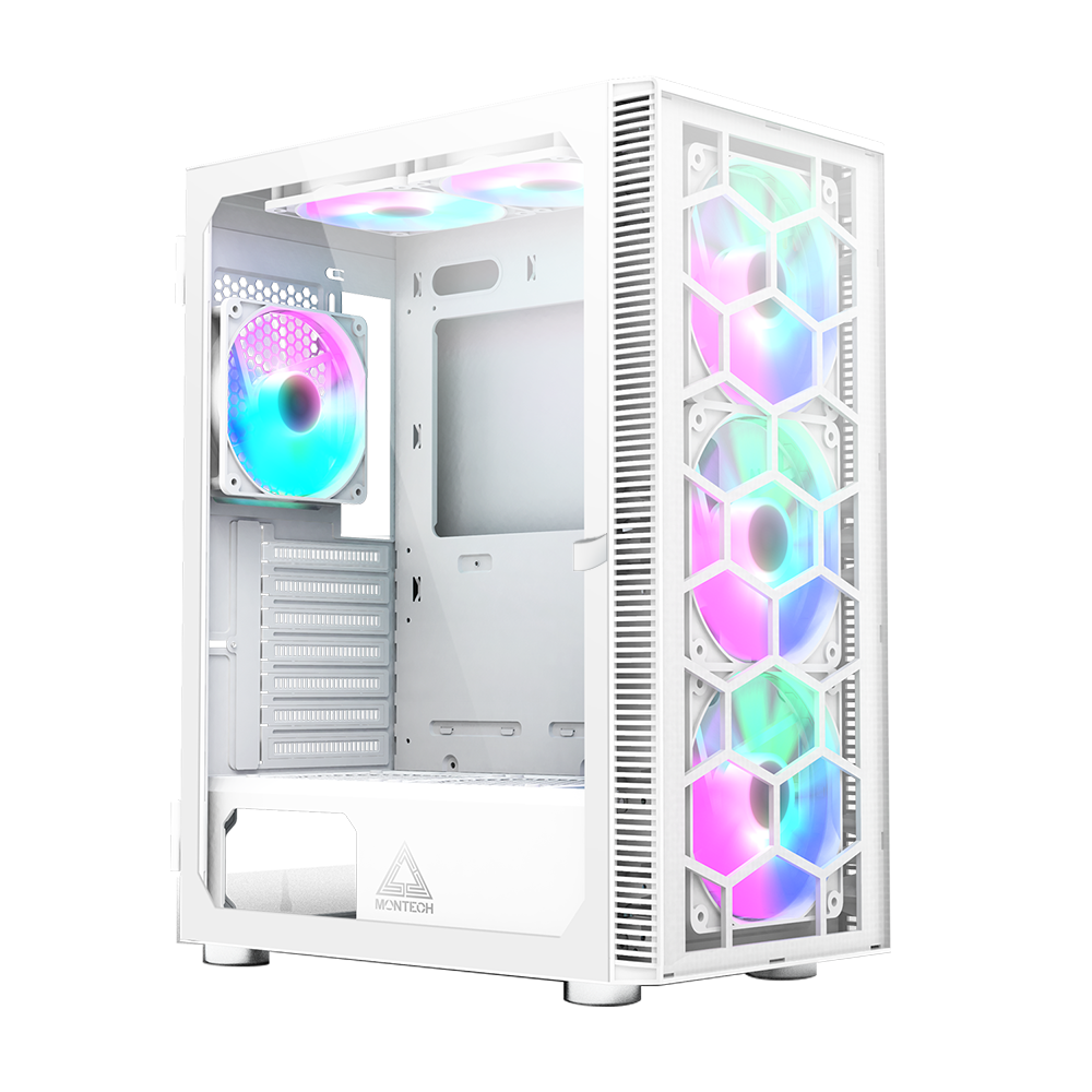 Montech X3 Glass White - 3x 140 mm statiska RGB-fläktar + 3x 120 mm statiska RGB-fläktar, sidosvängbart härdat glas