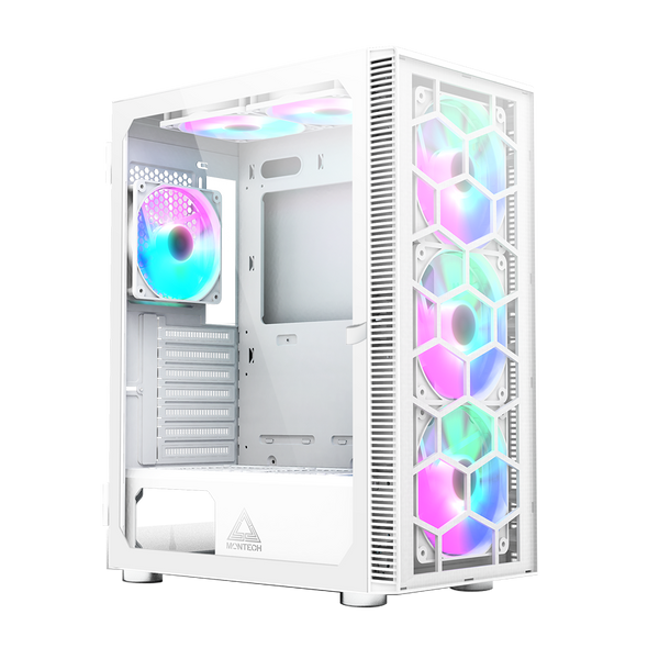 Montech X3 Glass White - 3x 140 mm statiska RGB-fläktar + 3x 120 mm statiska RGB-fläktar, sidosvängbart härdat glas
